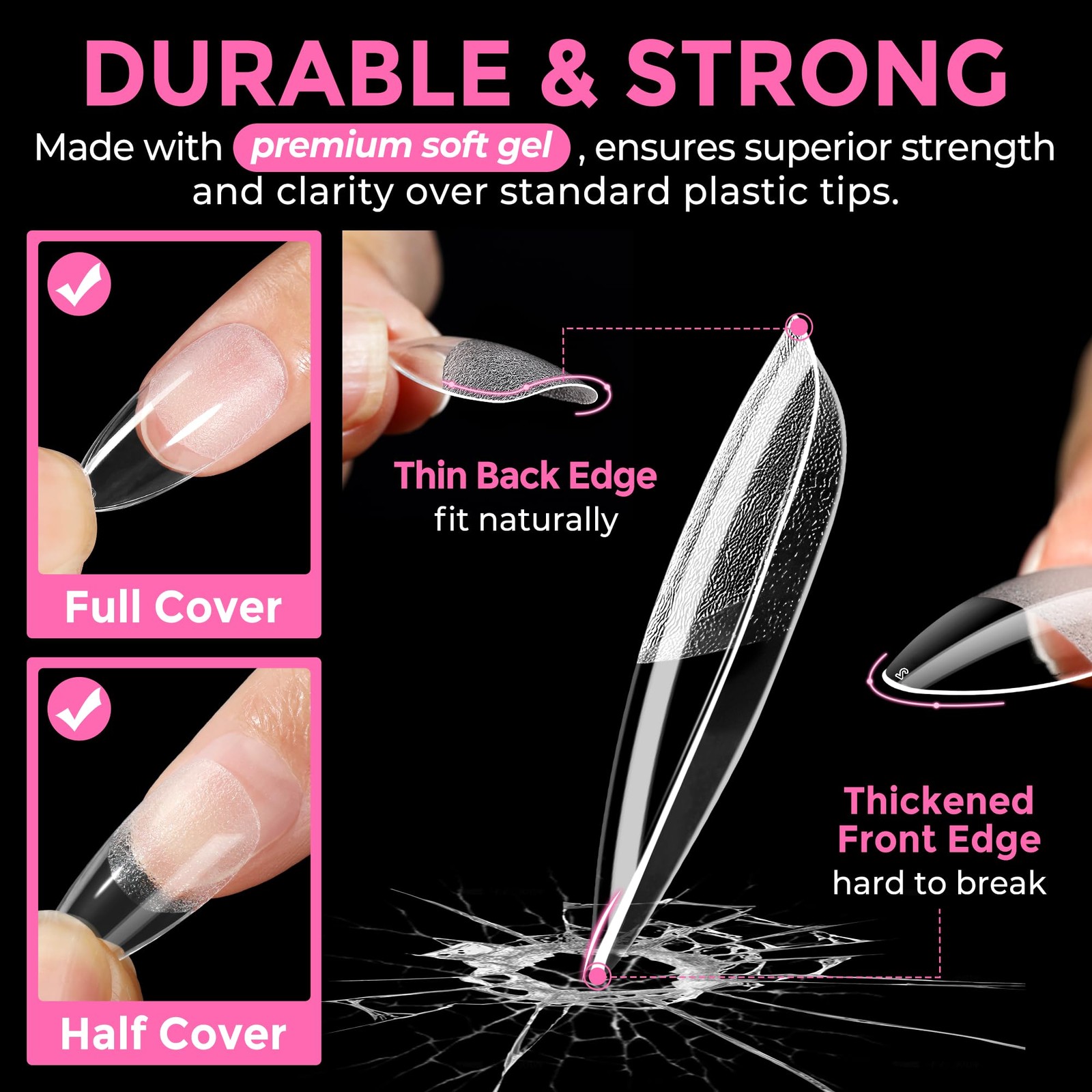 216PCS Medium Almond Nail Tips, Full Cover Gel Press-On Fake Nails, 12 Sizes