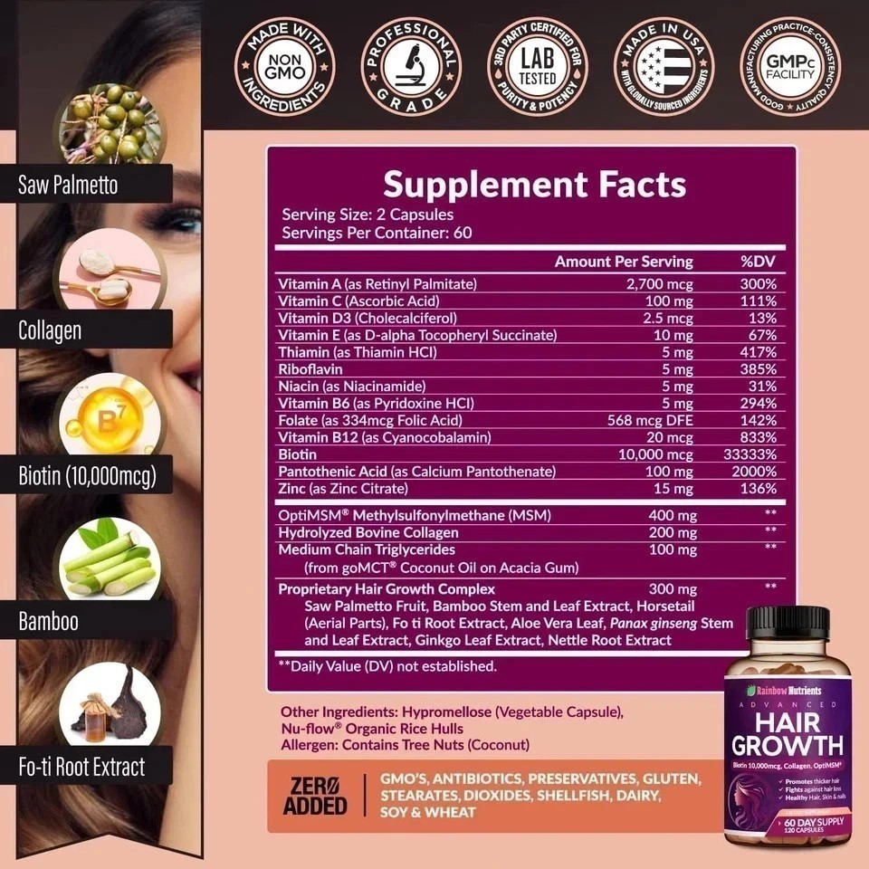 2 PACK Rainbow Nutrients Advanced Hair Growth- Prevent Hair Loss NEW