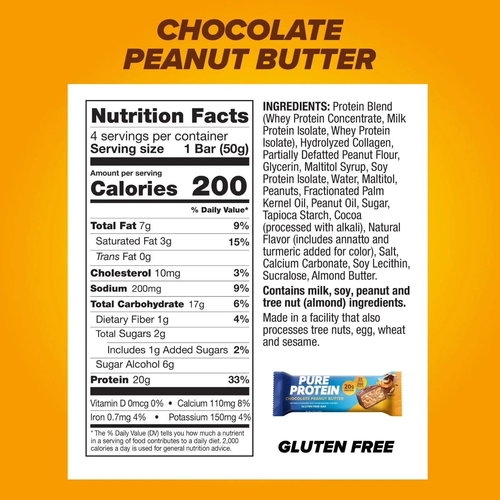 Pure Protein Bar, Chocolate Peanut Butter, Protein, Gluten Free, 1.76 oz, 12 Ct