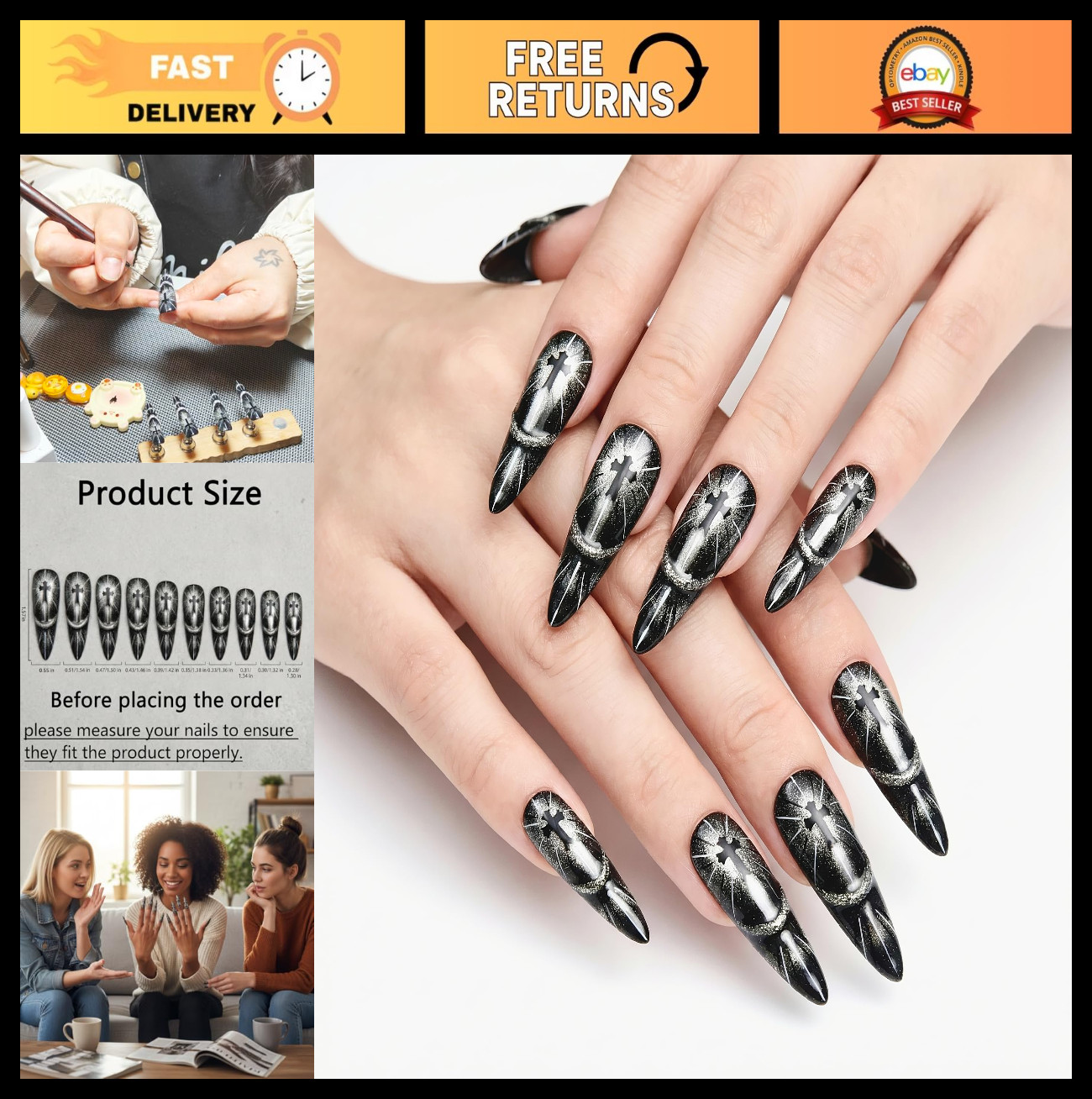 Gothic Press On Nails – 1.6in Ultra Long Stiletto Almond, Black 3D Cat Eye Desig