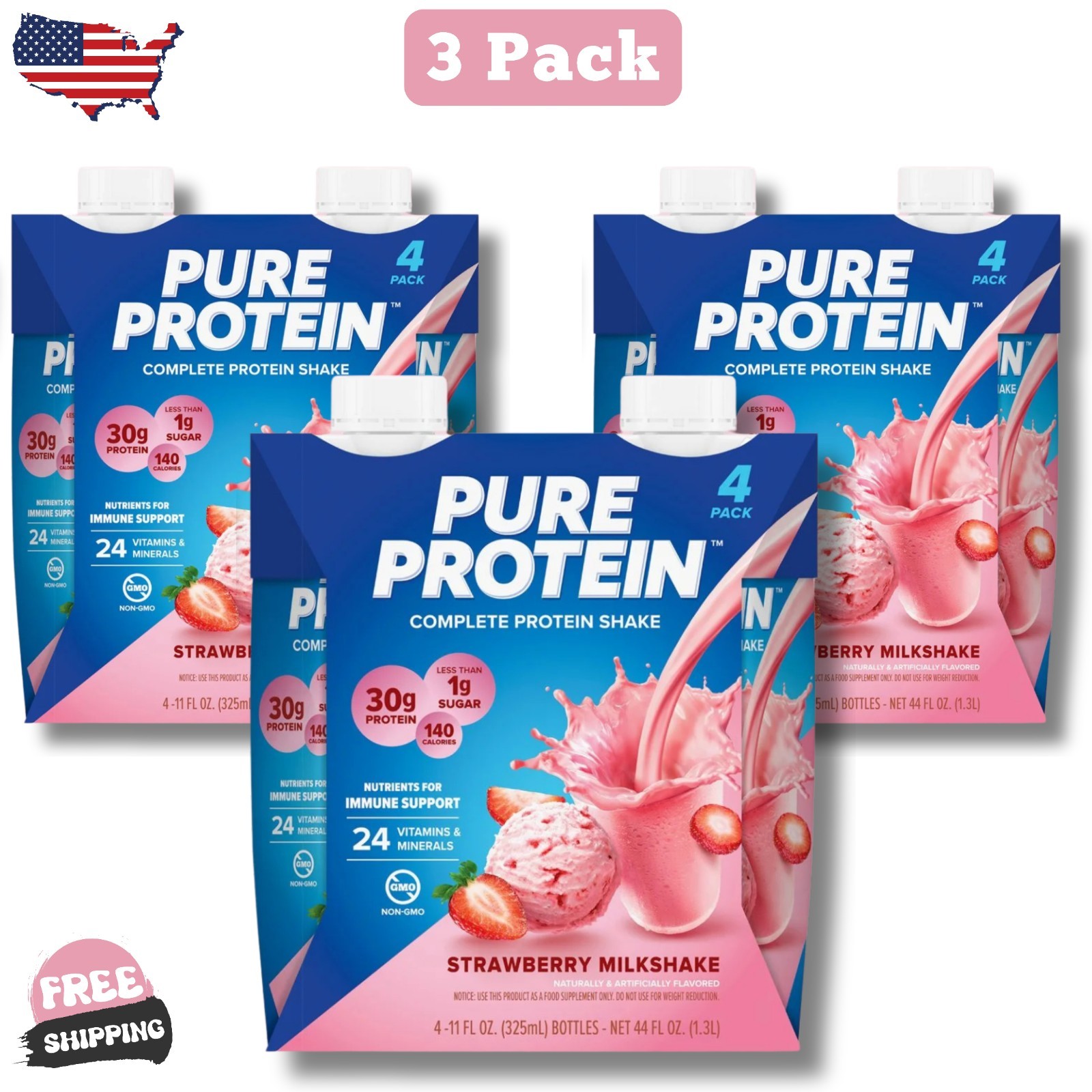 Pure Protein, Strawberry Complete Protein Shake, 30g Protein. (3 Pack)