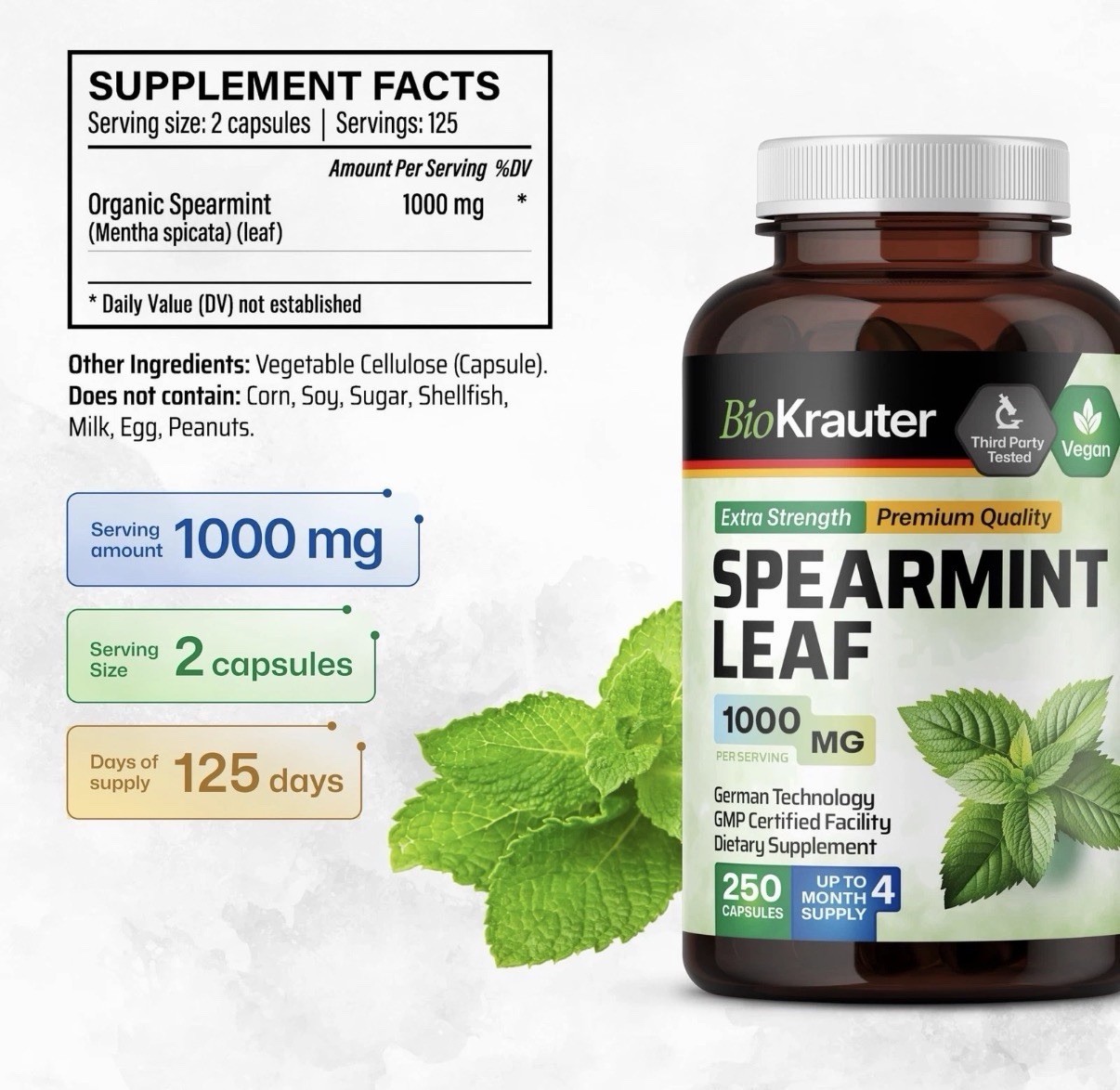 BioKrauter Spearmint Leaf 1000mg Vegan Capsules 250 ct GMO Free No Fillers