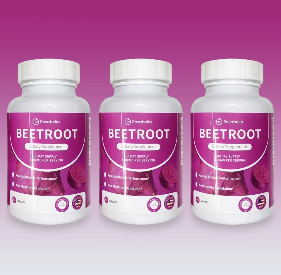 3PCS Rosabella Organic Beet Root 60 Capsules Natural Energy Boost Blood Pressure