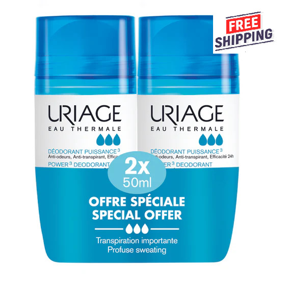 2 X Uriage Power 3 Anti-Odor Antiperspirant Roll On Deodorant 50mI Exp 06/2027