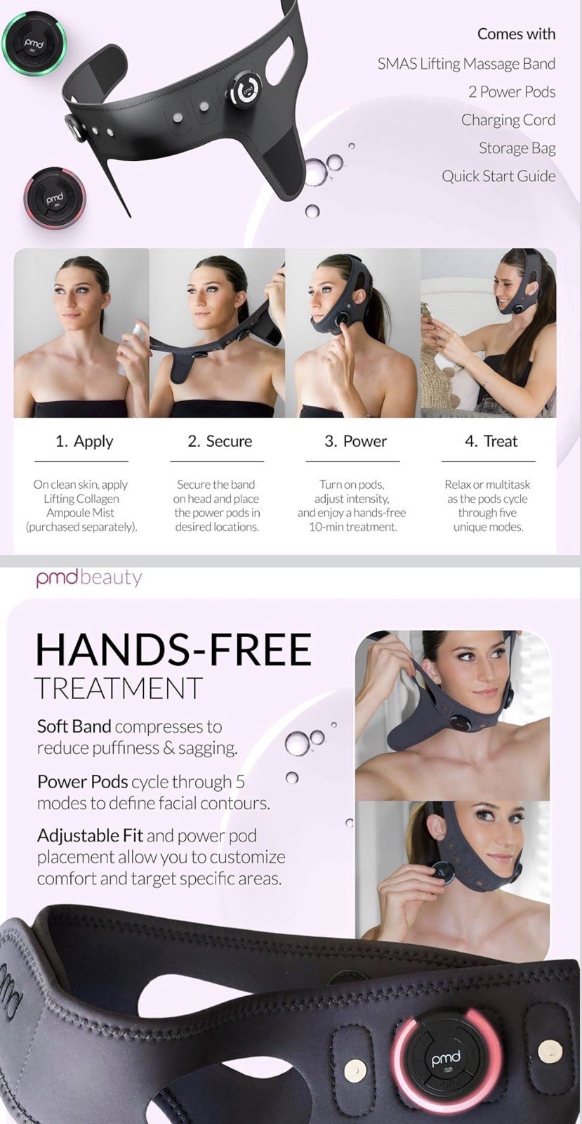 PMD SMAS Hands-Free Rechargeable Vibrating Face/Neck Massage Band Black