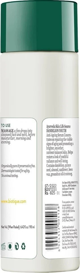 Biotique Dandelion Youth Anti Ageing Serum For All Skin Types 190ml