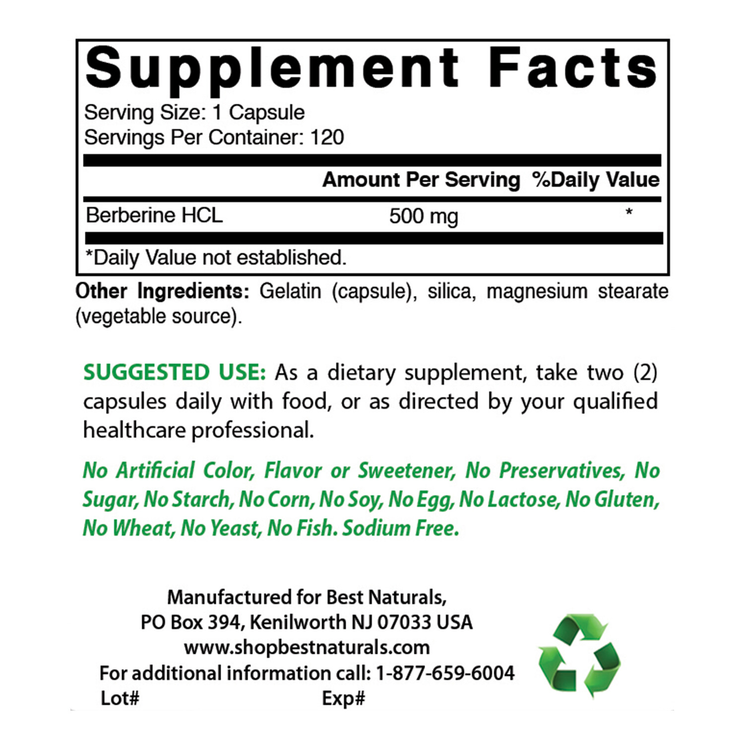 2 Pack Best Naturals Berberine 500 mg 120 Capsules