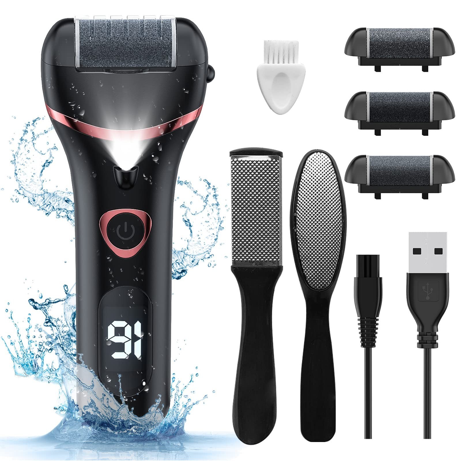 Rechargeable Electric Foot Callus Remover – Waterproof Pedicure Tool Kit, 3 Roll