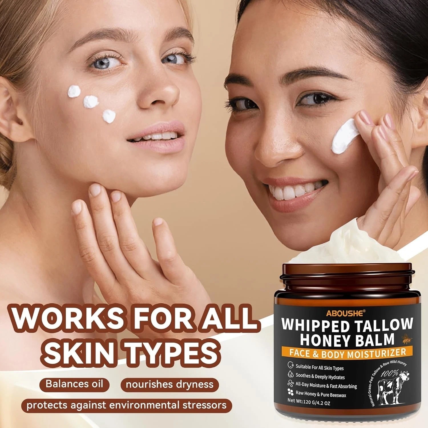 Beef Tallow for Skin, Tallow and Honey Balm for Face, Organic Grass-fed Beef