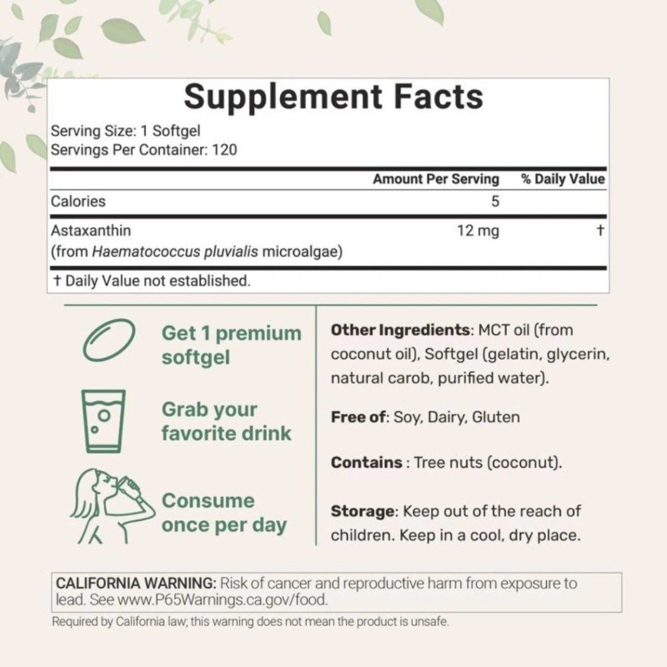 Astaxanthin 12mg Natural Microalgae Skin Glow Dietary Supplement – 1/2/3 Pack