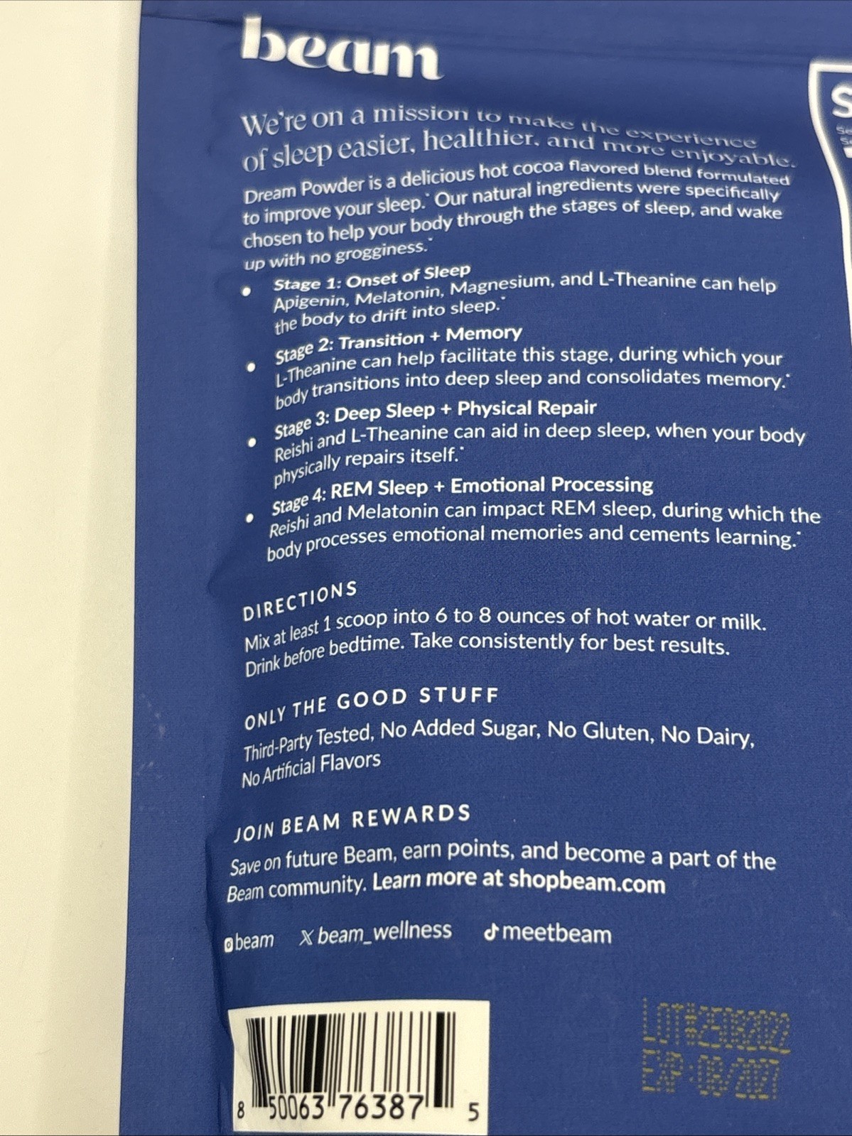 Beam Dream Sleep Powder, Supplement Chocolate Chip🍪 20 servings EXP 08/2027