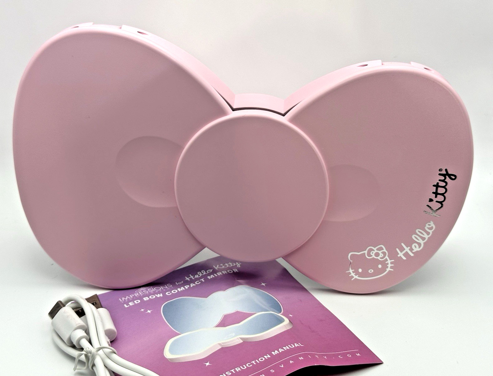 Hello Kitty Handheld LED Mirror- Pink Bow -Rechargeable battery 3 temp Large NIB