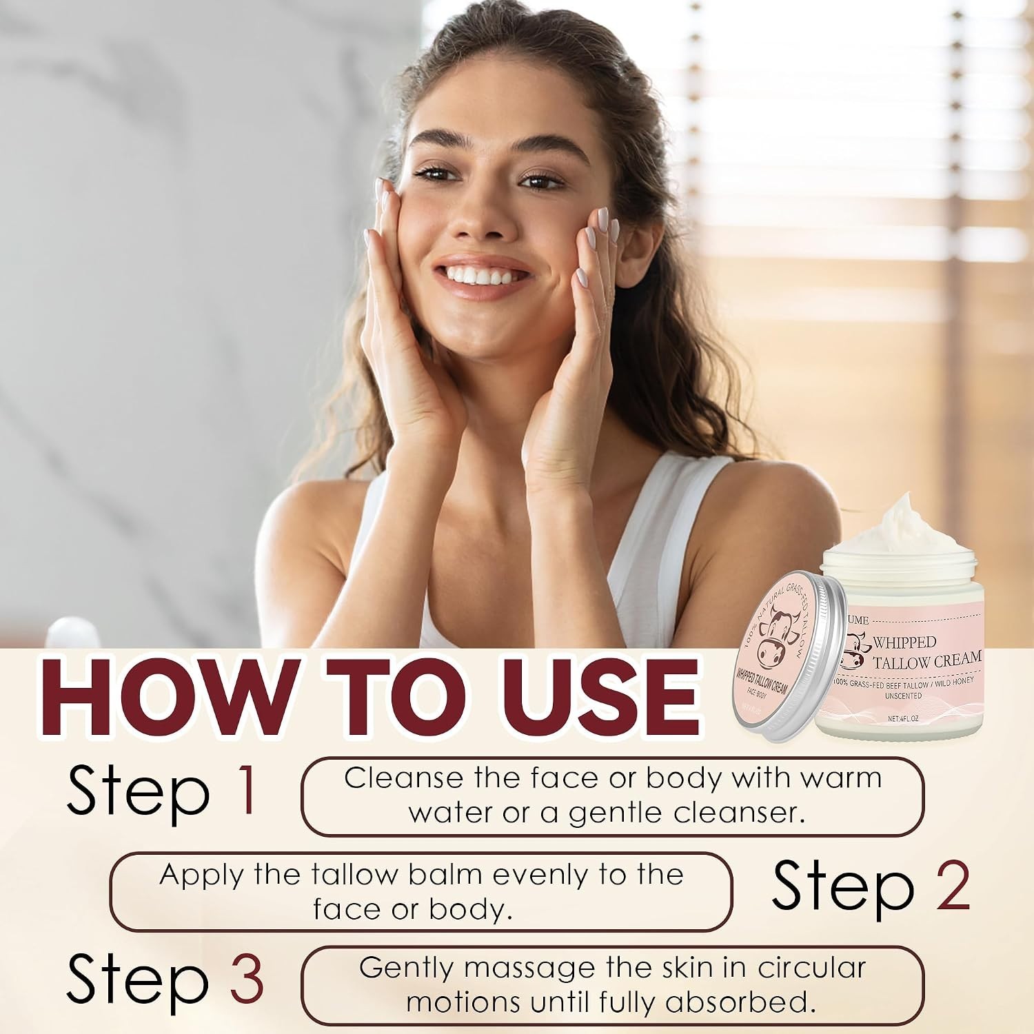Grass Fed Whipped Beef Tallow Balm Face Body Cream Sensitive Skin 4oz