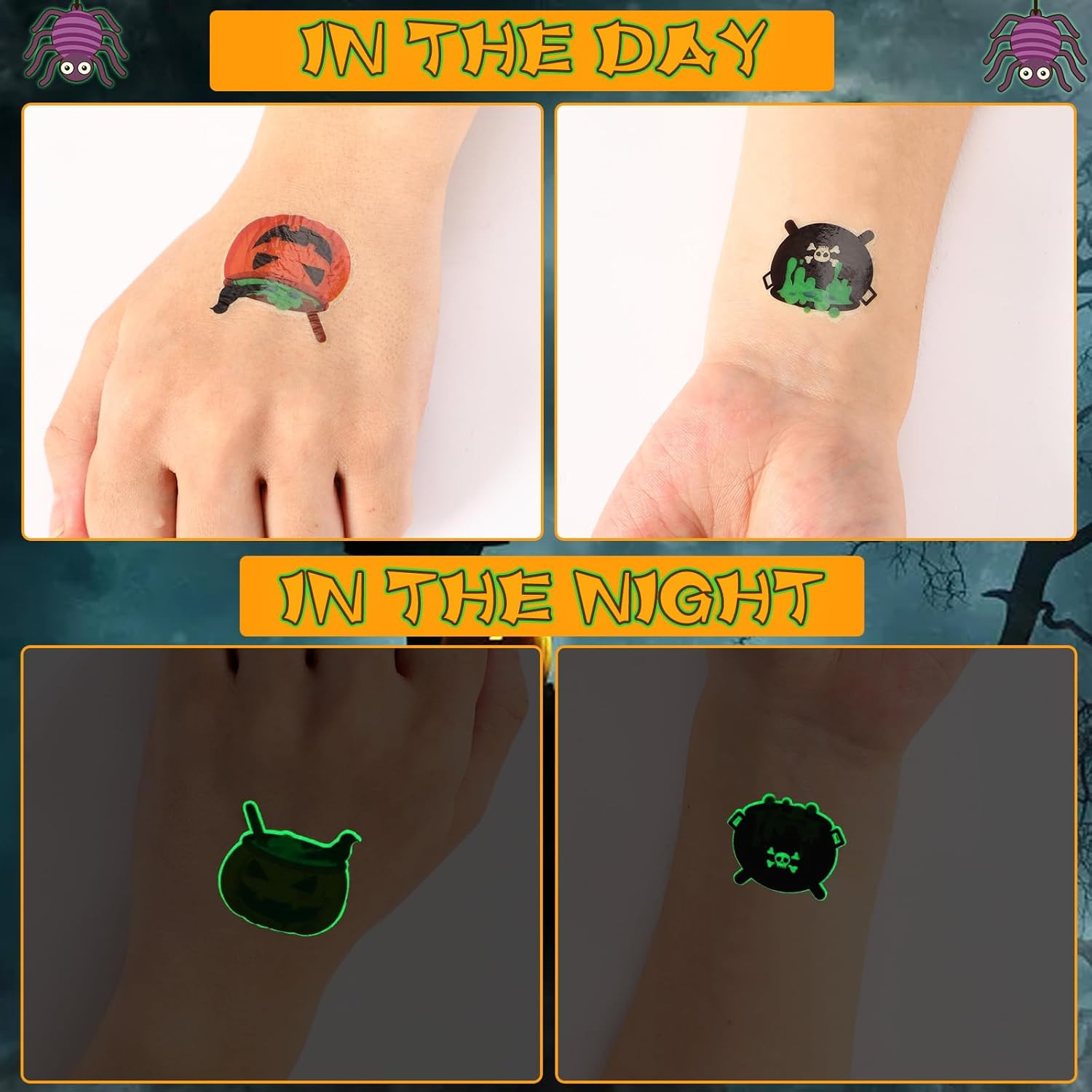Halloween Temporary Tattoos for Kids, 180 Pcs 1.6 Inch Glow in Dark Bulk Tattoos
