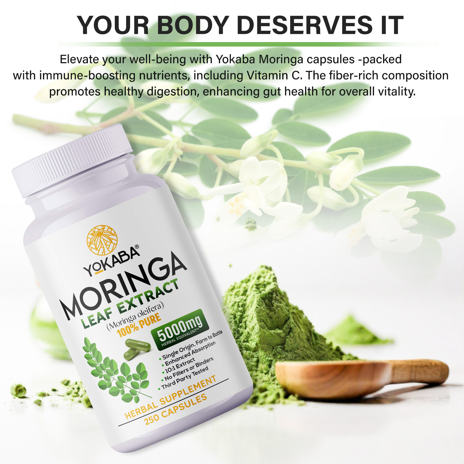 250 Capsules Moringa Oleifera Leaf Powder 5000mg – Organic Herbal Extract YOKABA
