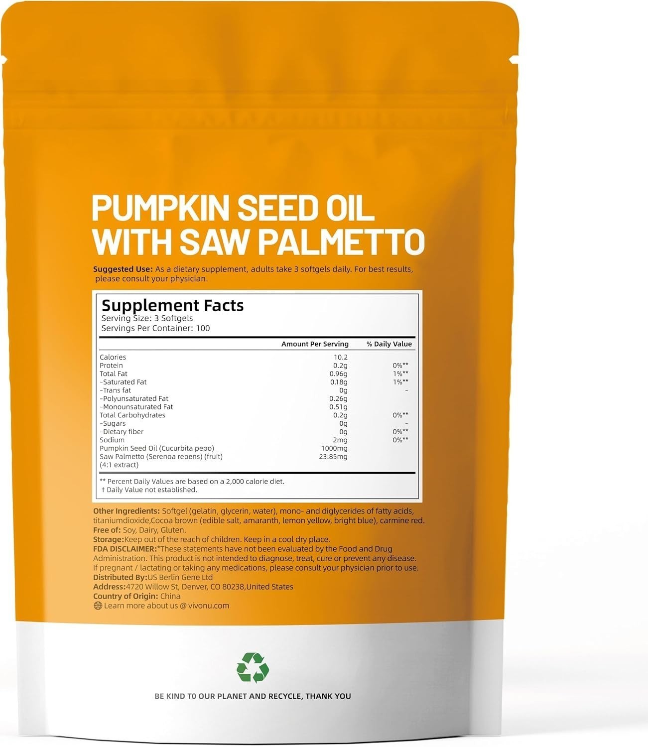 VivoNu Pumpkin Seed Oil with Saw Palmetto Capsules|Cold Pressed, Pure Virgin Oil