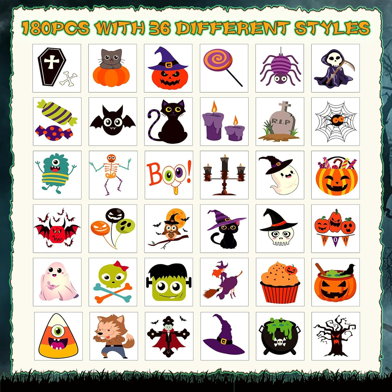 Halloween Temporary Tattoos for Kids, 180 Pcs 1.6 Inch Glow in Dark Bulk Tattoos