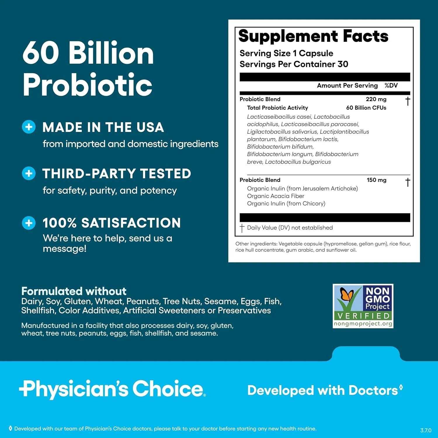 2 BOTTLES- Physician’s Choice 60&Billion Probiotic Dietary Supplement-30Capsules