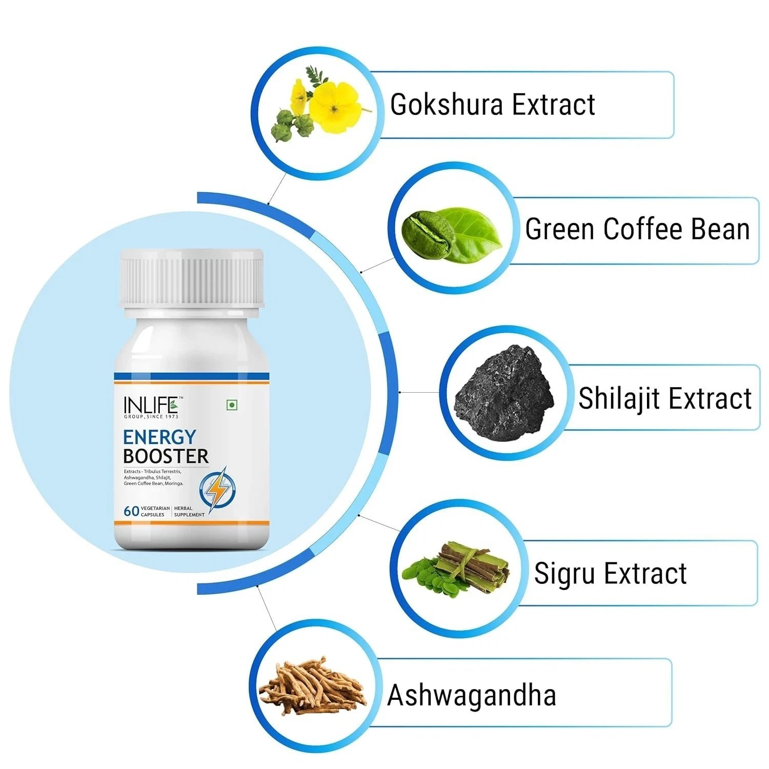 INLIFE Energy Booster Supplement | Shilajit Ashwagandha Tribulus Green 60cap