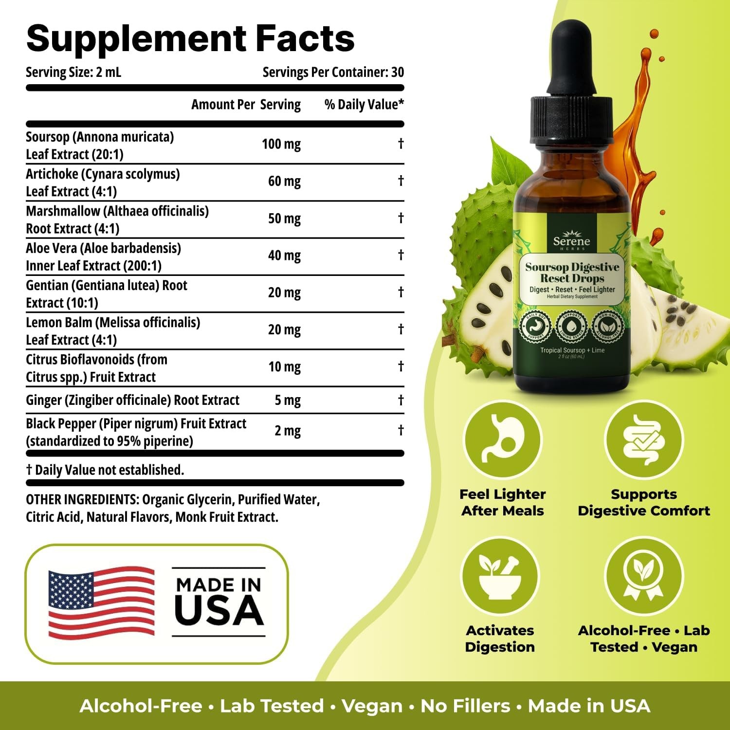 Serene Herbs Soursop Digestive Reset Drops 2 fl oz Tropical Soursop & Lime