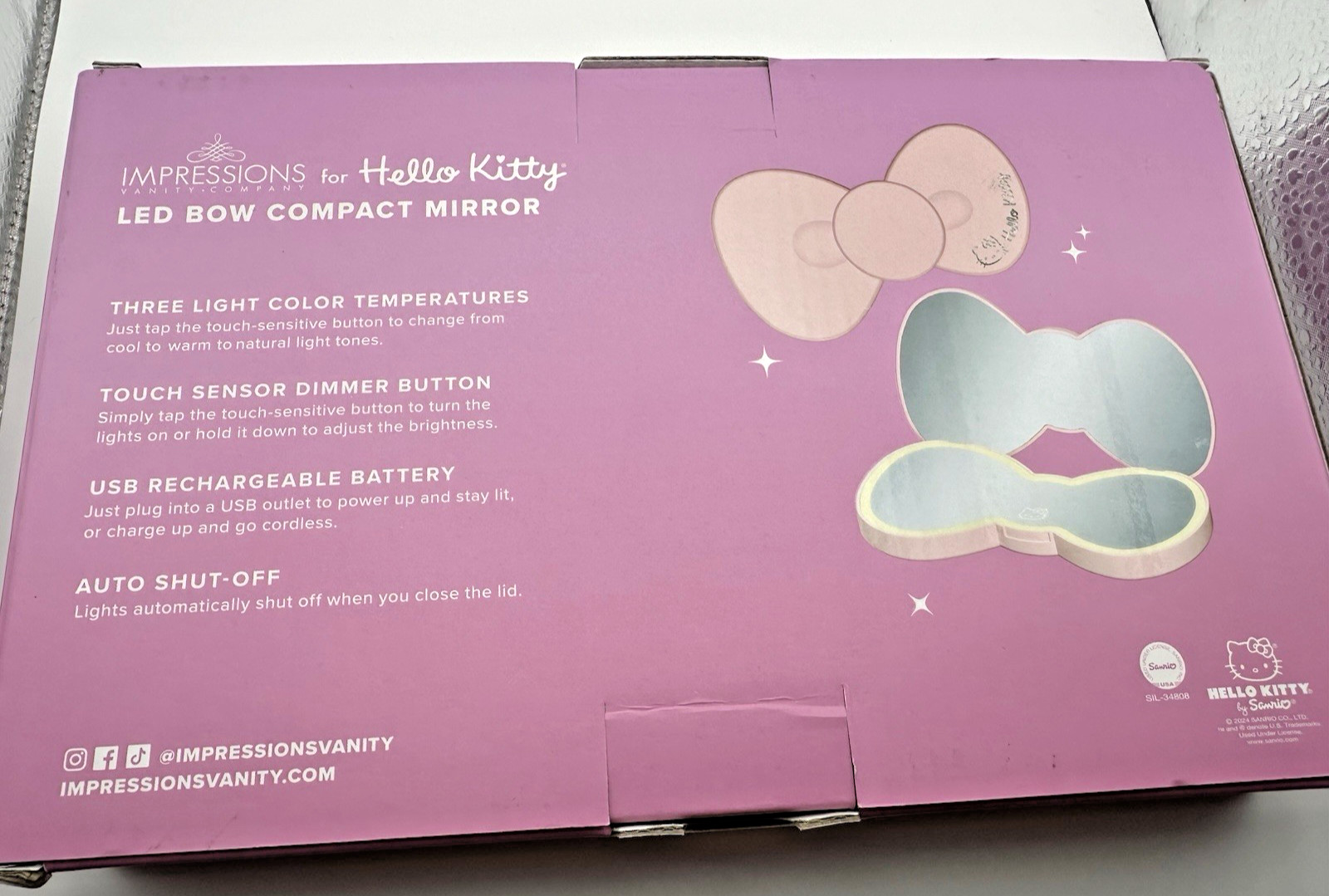 Hello Kitty Handheld LED Mirror- Pink Bow -Rechargeable battery 3 temp Large NIB