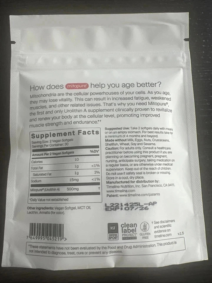 2-Pack Timeline Mitopure Urolithin A 500mg 60 Softgels Longevity Supplement!!!