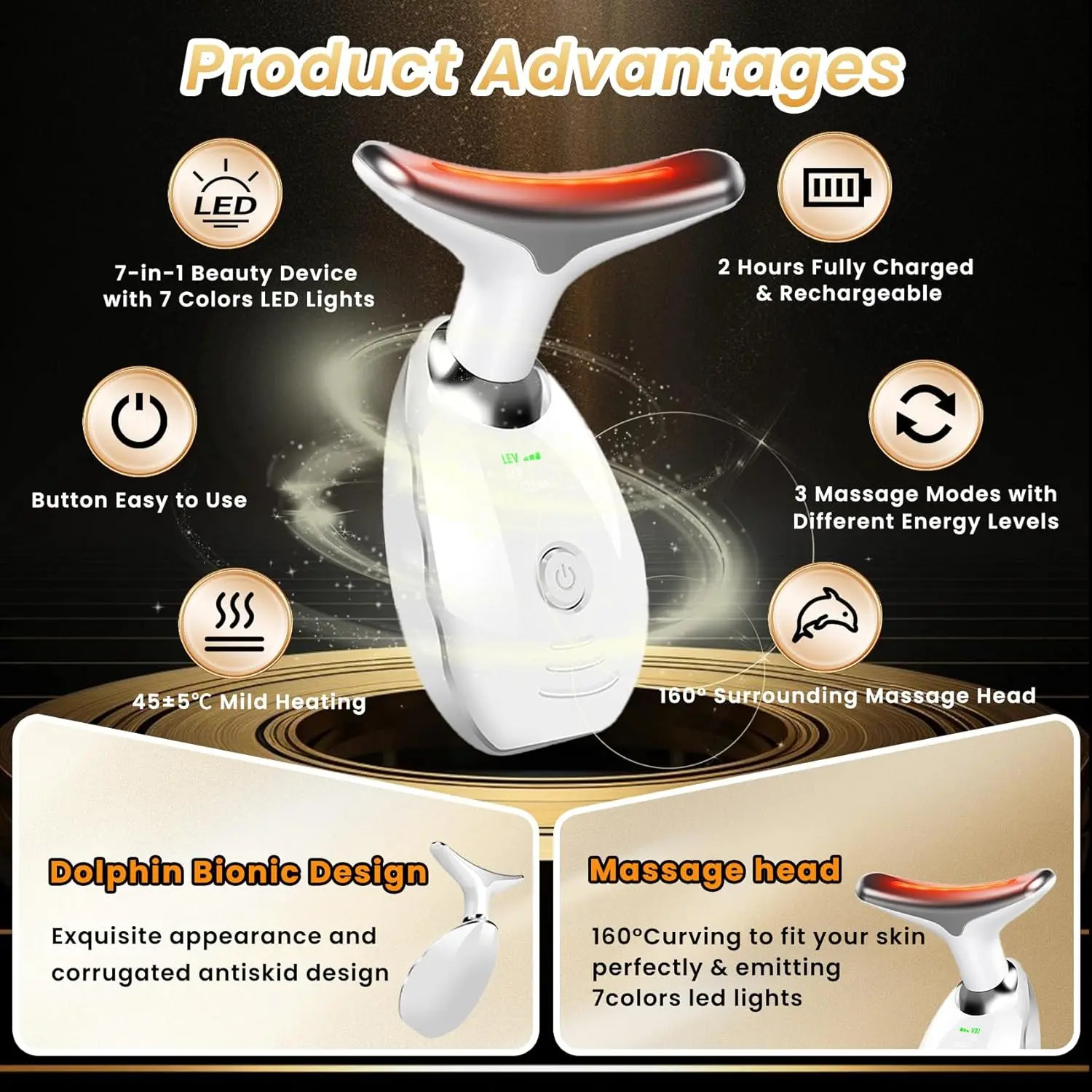 7 Color LED Face Neck Massager Thermal Vibration Skin Rejuvenation Beauty Device