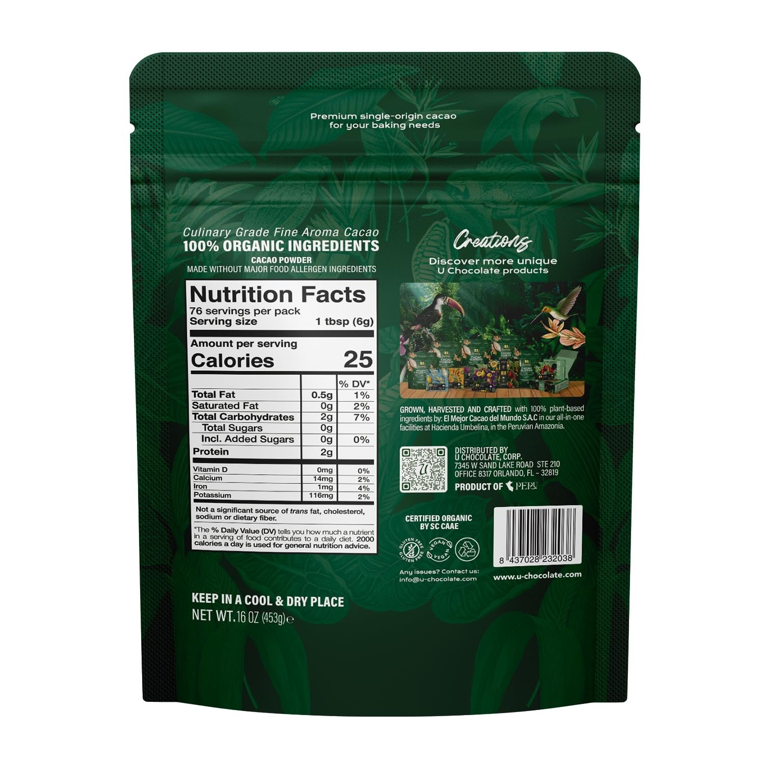 1 LB (16 OZ ) Organic Raw Cacao Powder 100% Pure, ALL NATURAL,ALWAYS FRESH