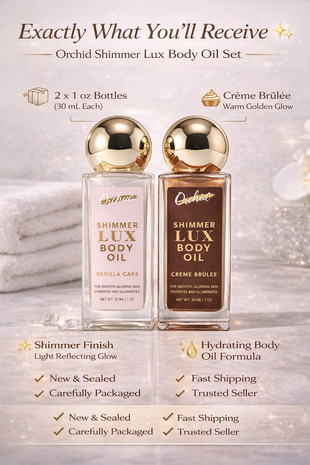 Orchid Shimmer Lux Body Oil Set 2 Vanilla Cake & Creme Brulee Glow