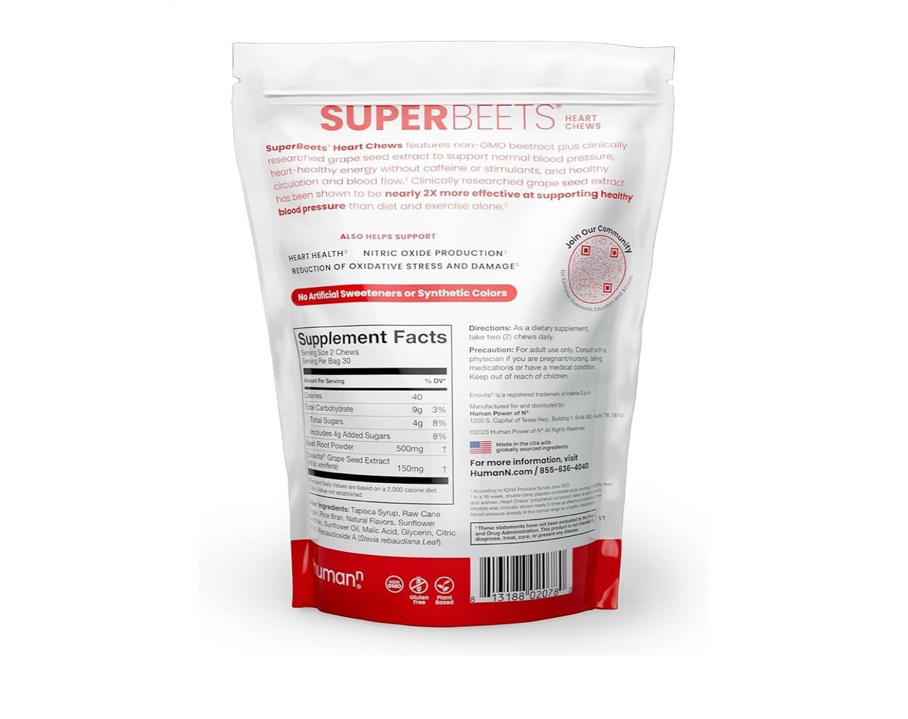 HumanN SuperBeets Heart Chews, Nitric Oxide and Blood Pressure Support- 60 count