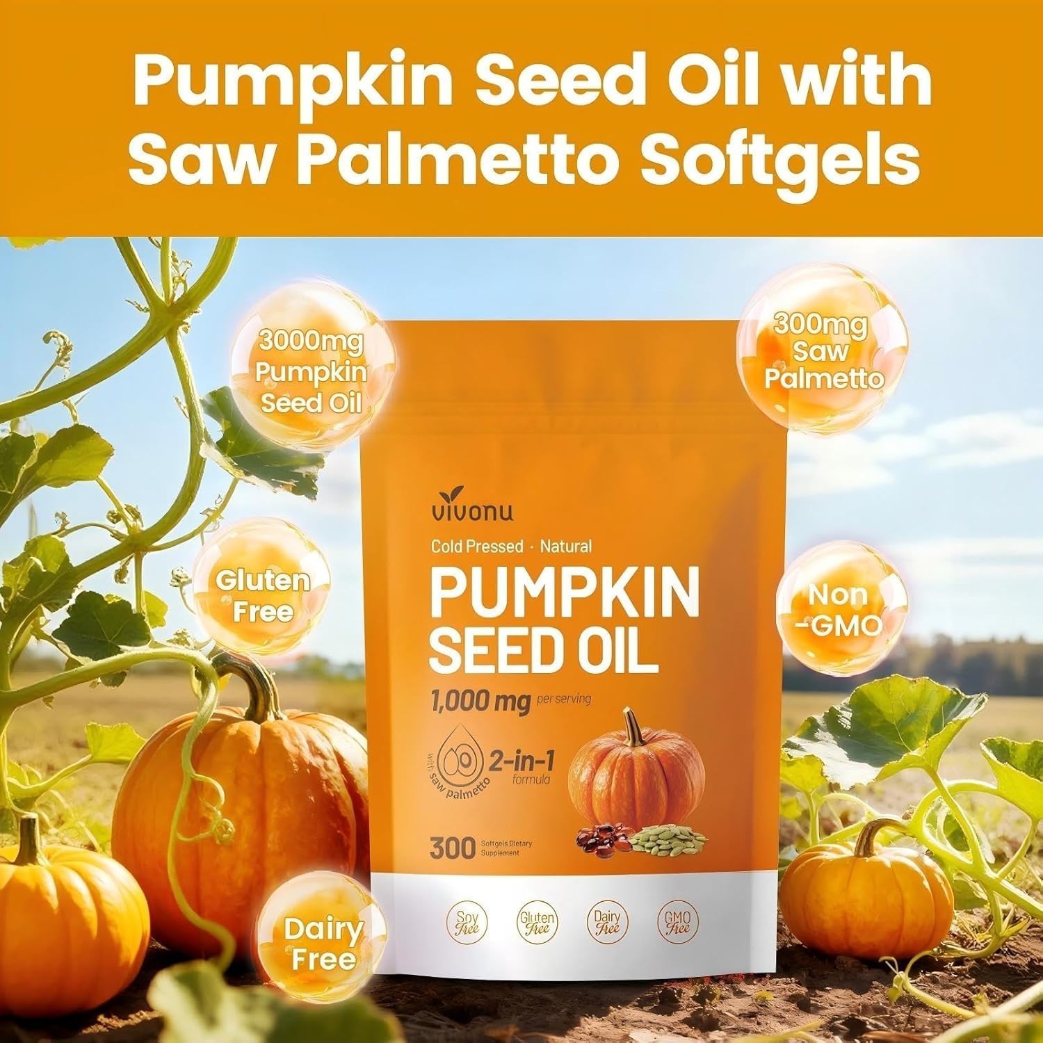 VivoNu Pumpkin Seed Oil with Saw Palmetto Capsules|Cold Pressed, Pure Virgin Oil