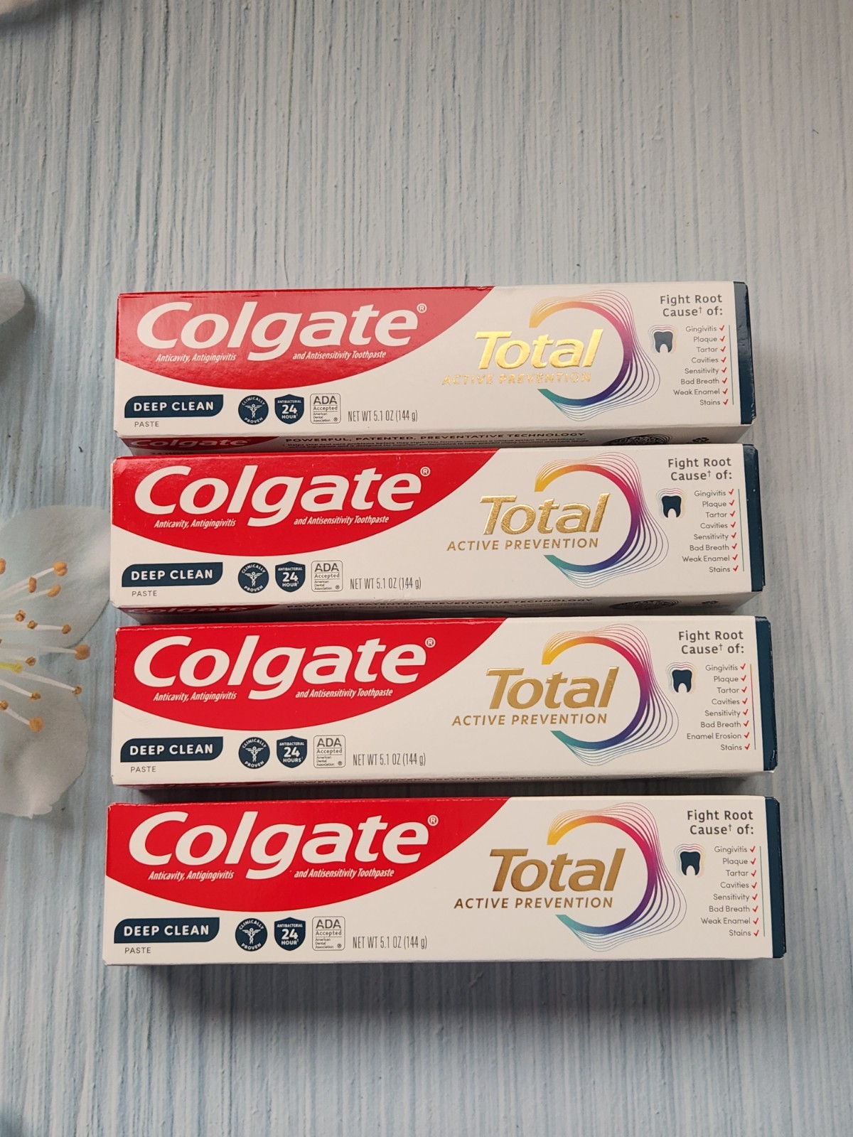 4× Colgate Total Active Prevention Deep Clean Toothpaste, 5.1 oz, Exp: 01-2028