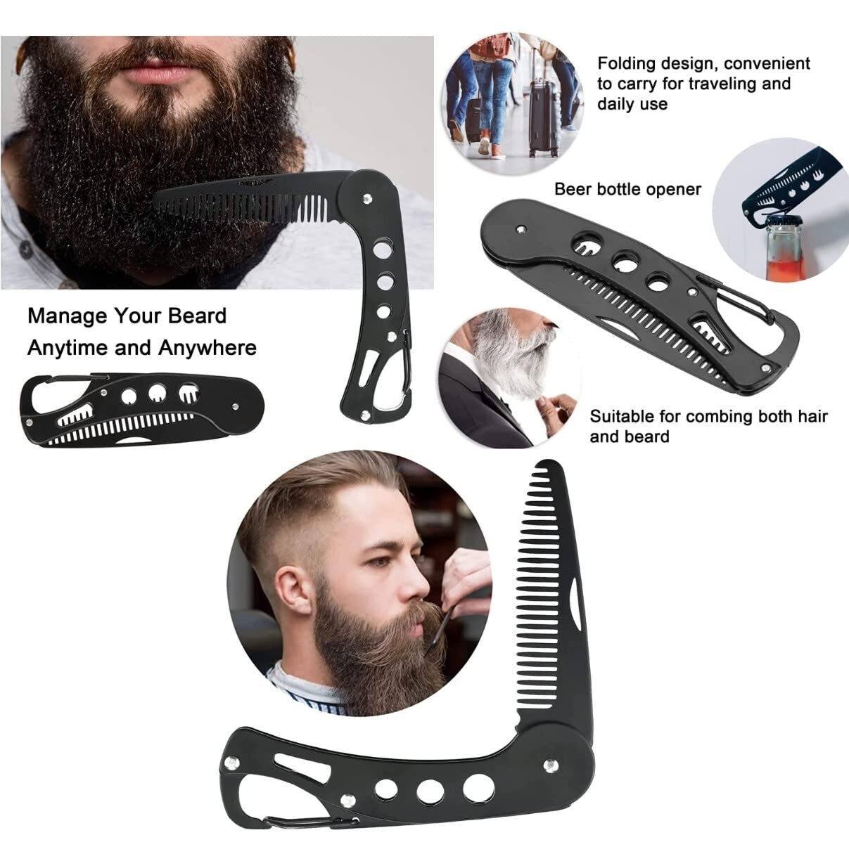 Stainless Steel Folding Beard Comb for Men Mustache Comb Multifunctional Pocket
