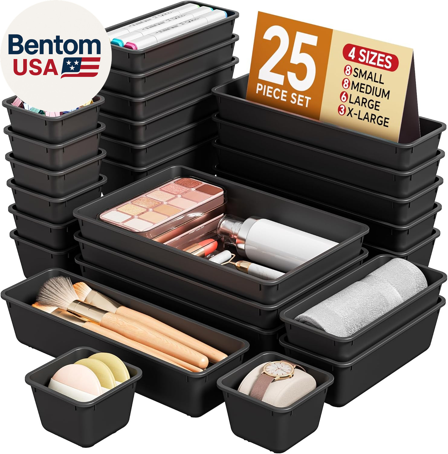 25 PCS Plastic Drawer Organizers Set, 4 Sizes Vanity Organizer, Makeup and Desk