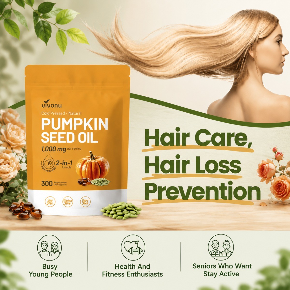 Cold-Pressed Pumpkin Seed Oil Softgels,Reduce Hair Loss &Support Prostate Health