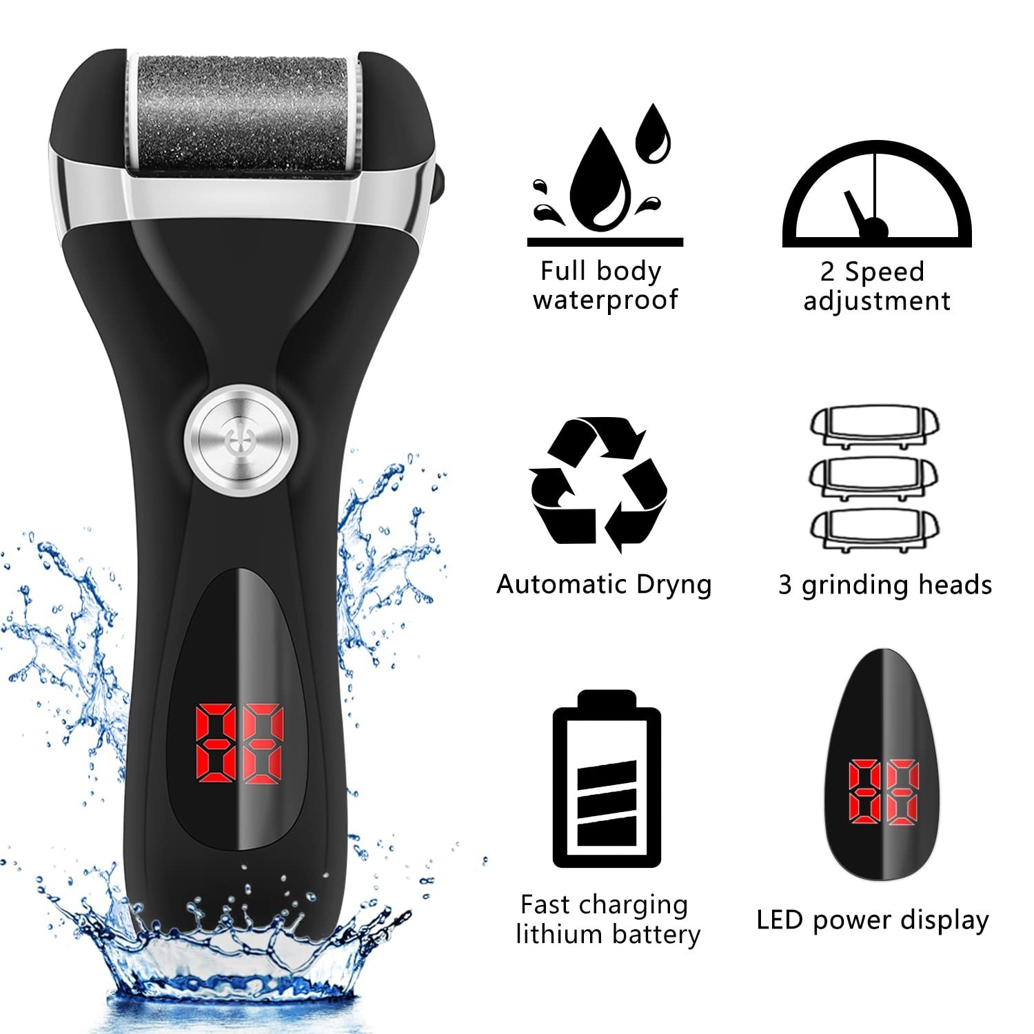 Rechargeable Electric Foot Callus Remover Kit – 3 Rollers, 2 Speeds, Battery Dis