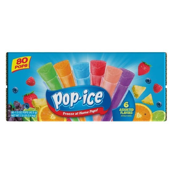 Pop-Ice Assorted Fruit Freezer Ice Pops, Gluten-Free Frozen Snack, 1.5 oz, 80 Ct