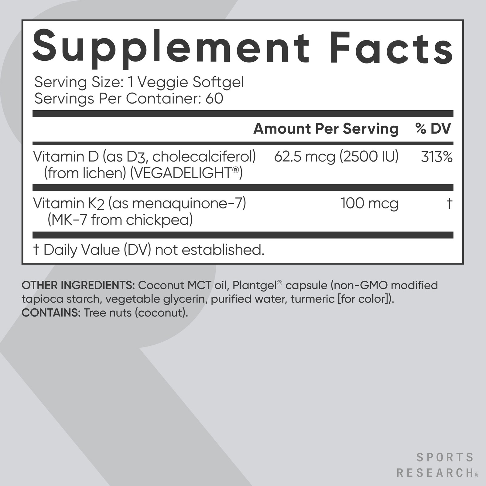 Vitamin D3 K2 – 2500iu of Vegan D3 & 100mcg of Vitamin K2 as MK7 – 60 Veggie
