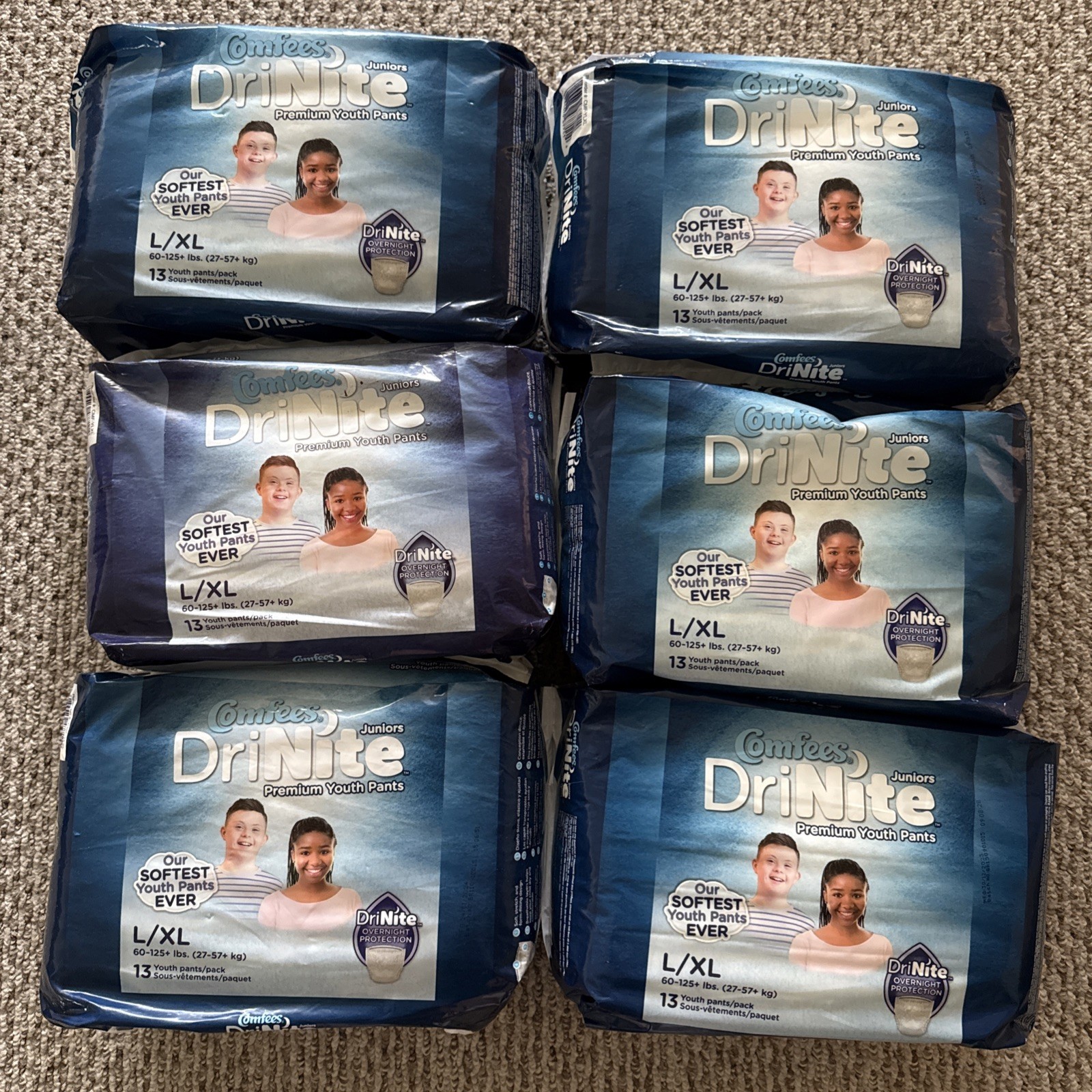 6 Packs “13 In Each” Comfees DriNite Juniors Youth Absorbent Pants L/XL