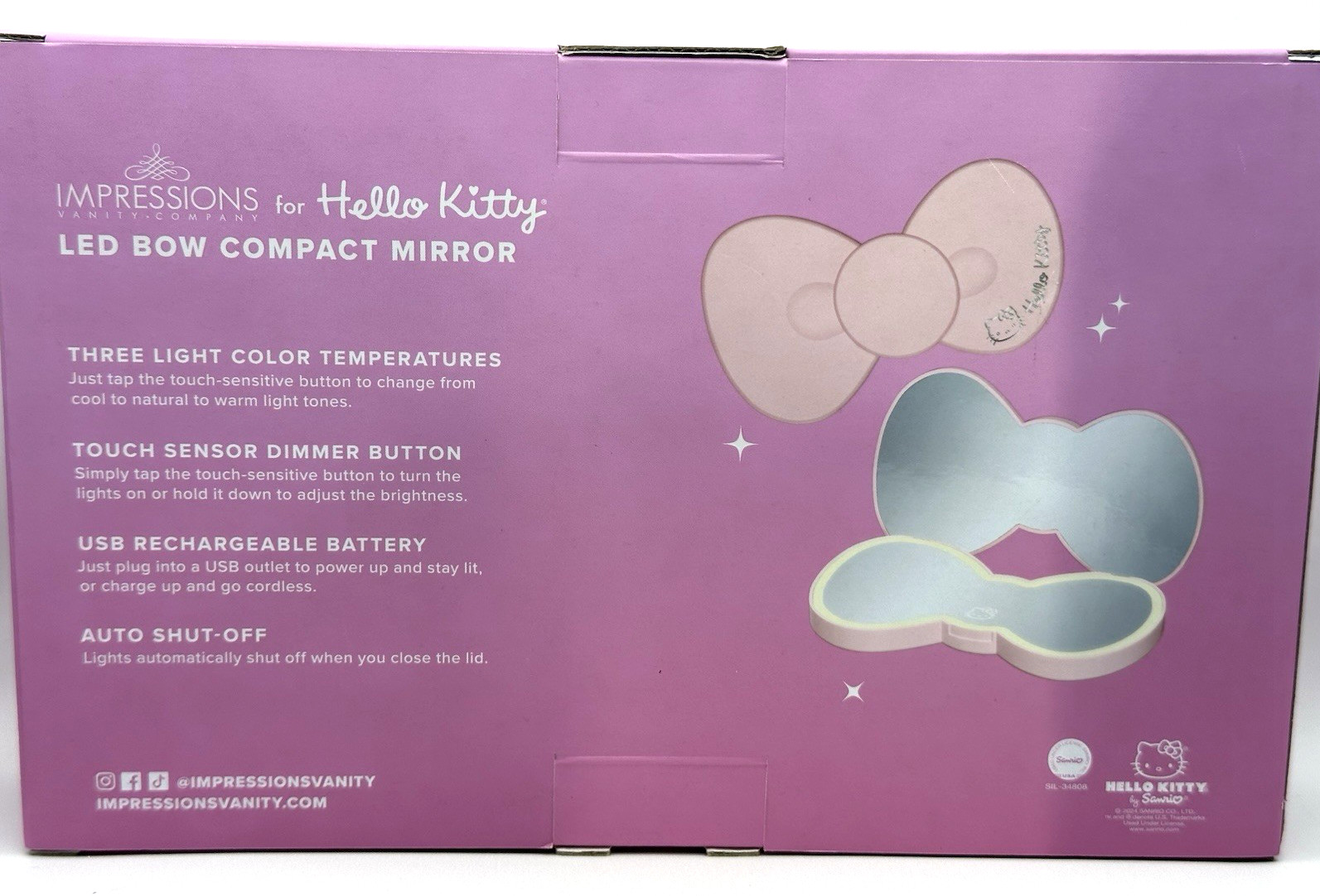 Hello Kitty Handheld LED Mirror- Pink Bow -Rechargeable battery 3 temp Large NIB