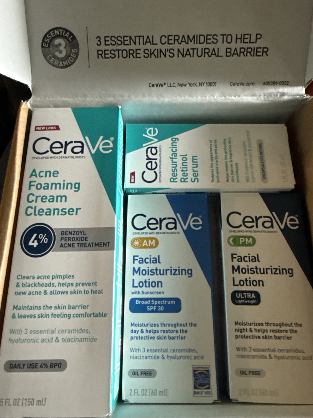 CeraVe Acne Set, FoamingCleanser, Resurfacing, AM/PM Facial Lotion, Exp: 12/25