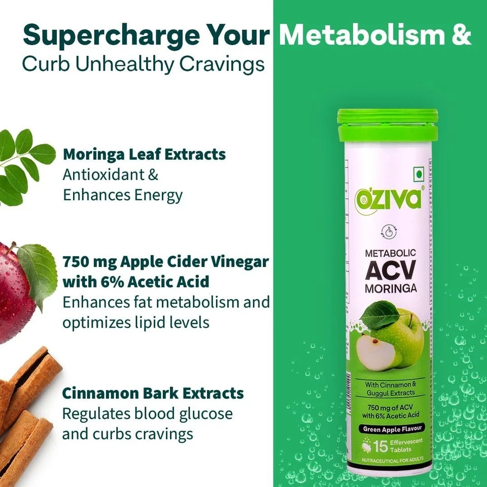 OZiva ACV Moringa Control Cravings Apple Cider Vinegar Cinnamon Guggul Pack of 8