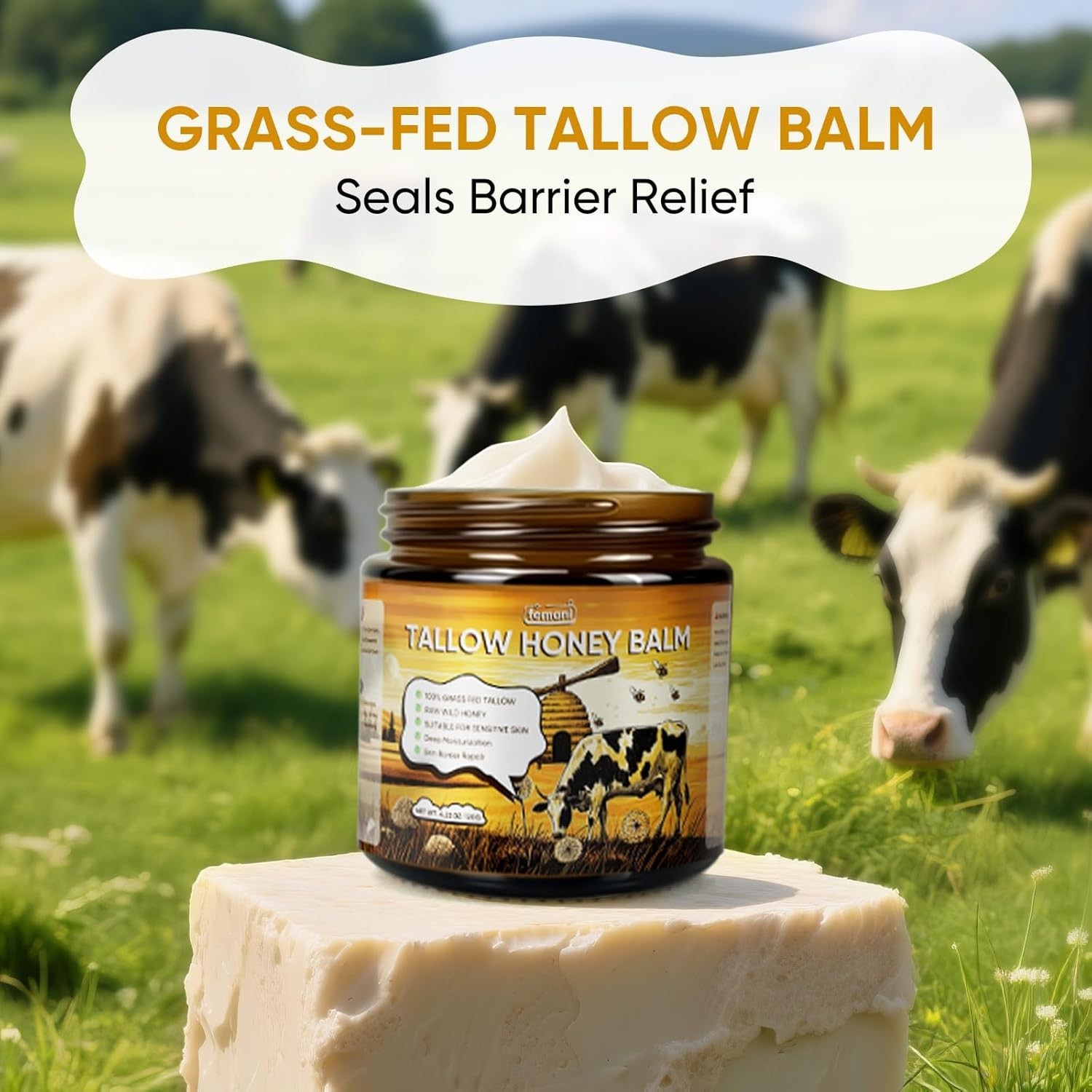 Beef Tallow Balm for Face Body Grass Fed Honey Moisturizer 4oz Organic