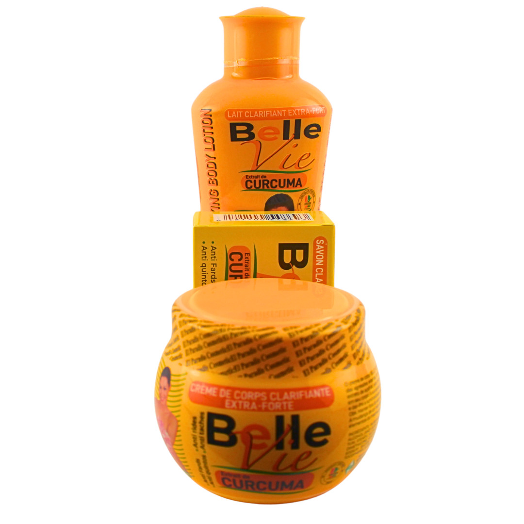 3pcs Belle Vie Curcuma Extracts .Body Lotion,Cream & Soap Clarifying Set 475Ml.
