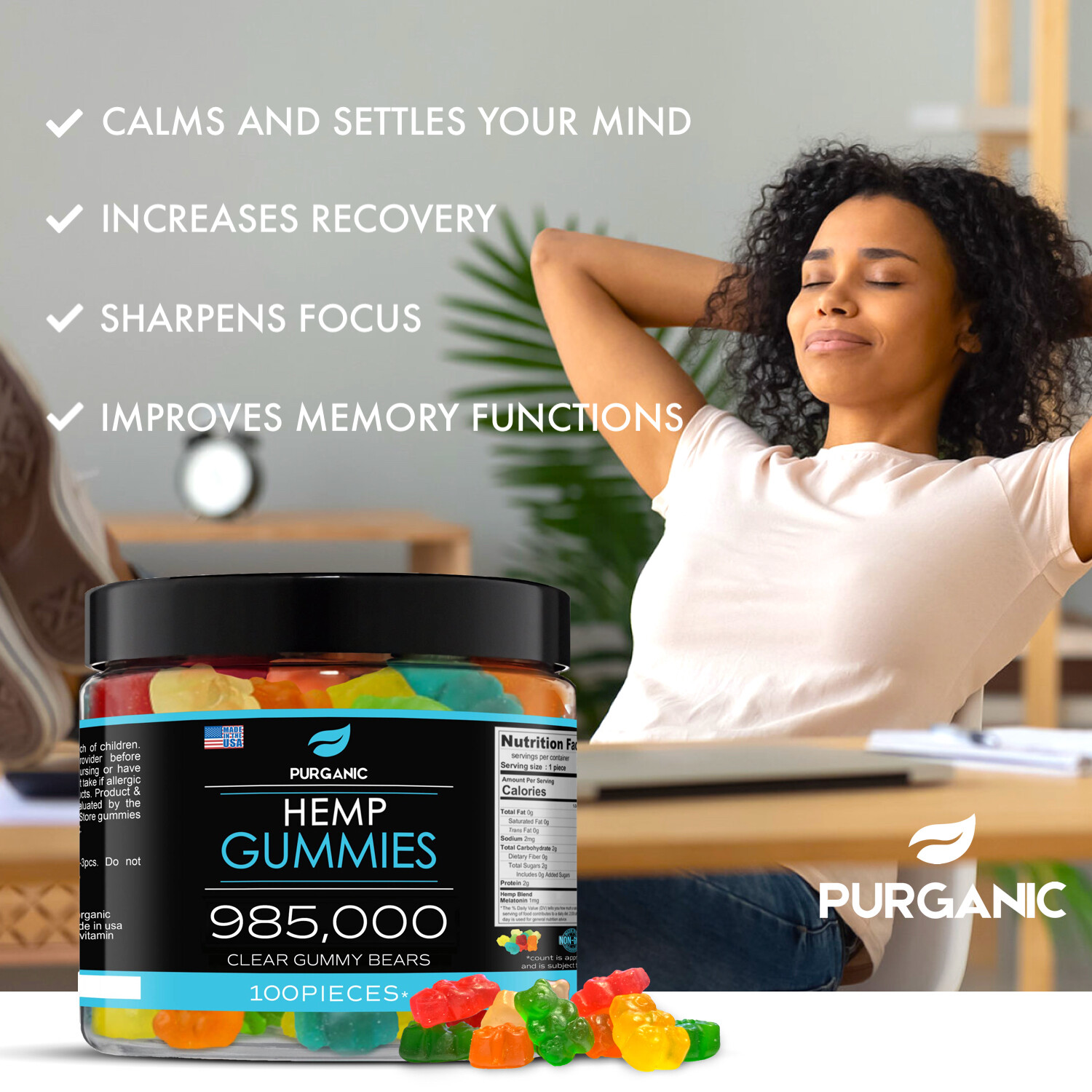 Natural Gummies for Stress Relief – Great for Pain, Insomnia & Anxiety -100ct