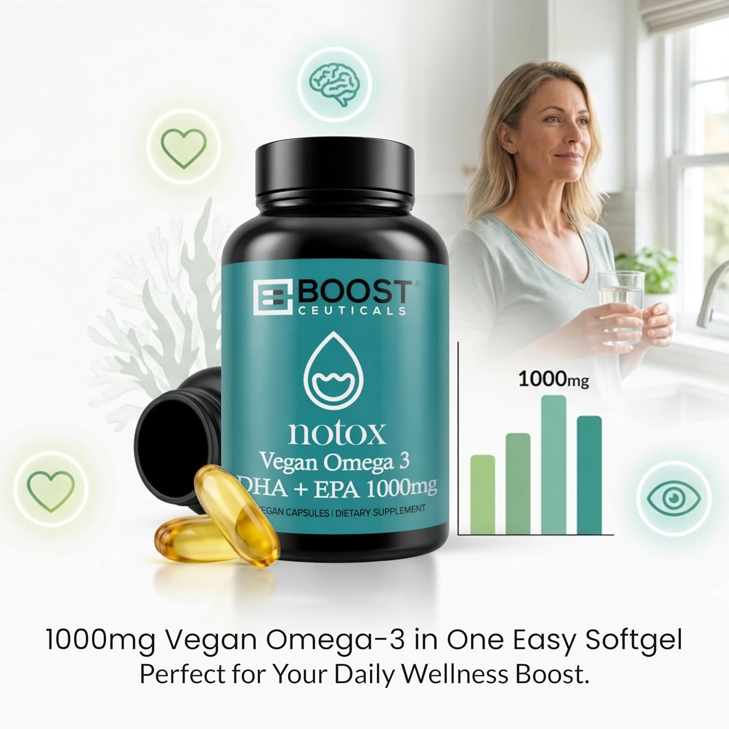 BoostCeuticals Notox Vegan Omega 3 DHA + EPA 1000mg Algae Oil -60 day Supply –