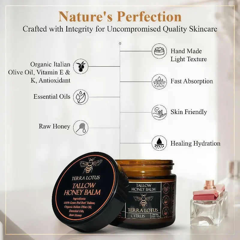 Grass-Fed Organic Beef Tallow Balm Raw Honey Handmade Natural Skin Moisturizer