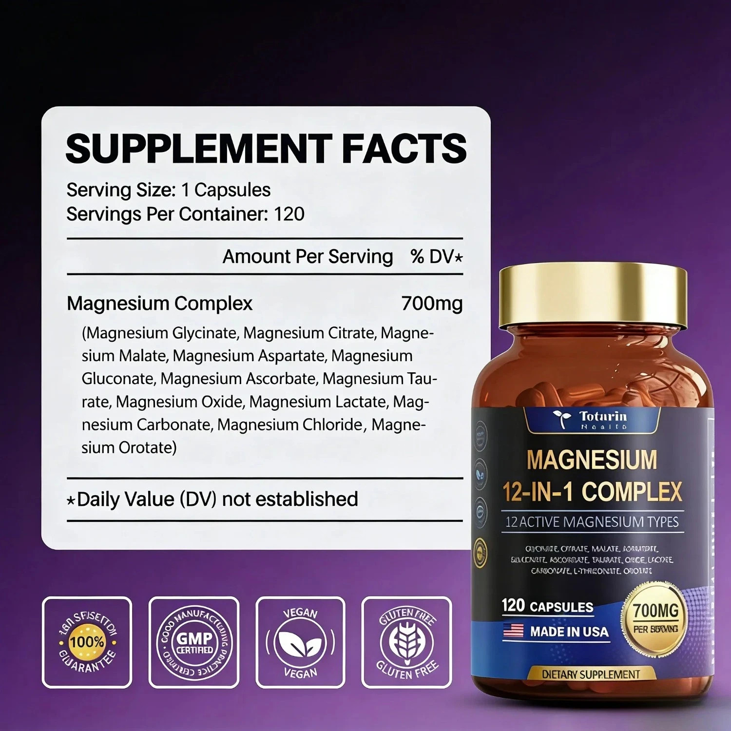 Totaria Magnesium 12-in-1 Complex 700mg.12 Active Forms for Muscle & Relaxation