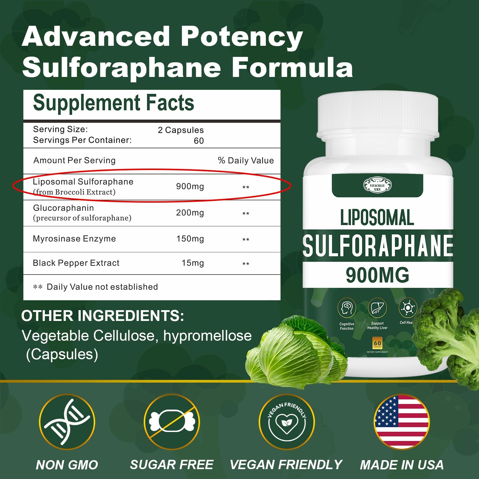 Vitacrllynmn 900Mg Liposomal Sulforaphane Supplement Broccoli Extract Liver