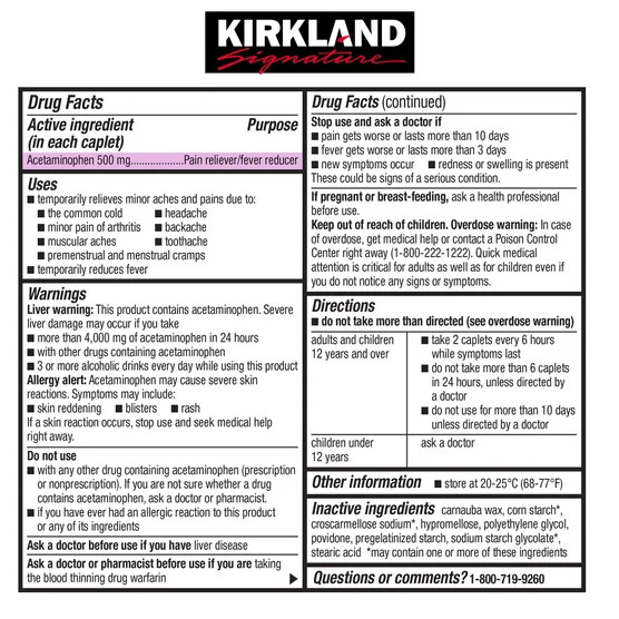 2 PACK! Kirkland Signature Extra Strength Acetaminophen 500 mg., 1,000 Caplets